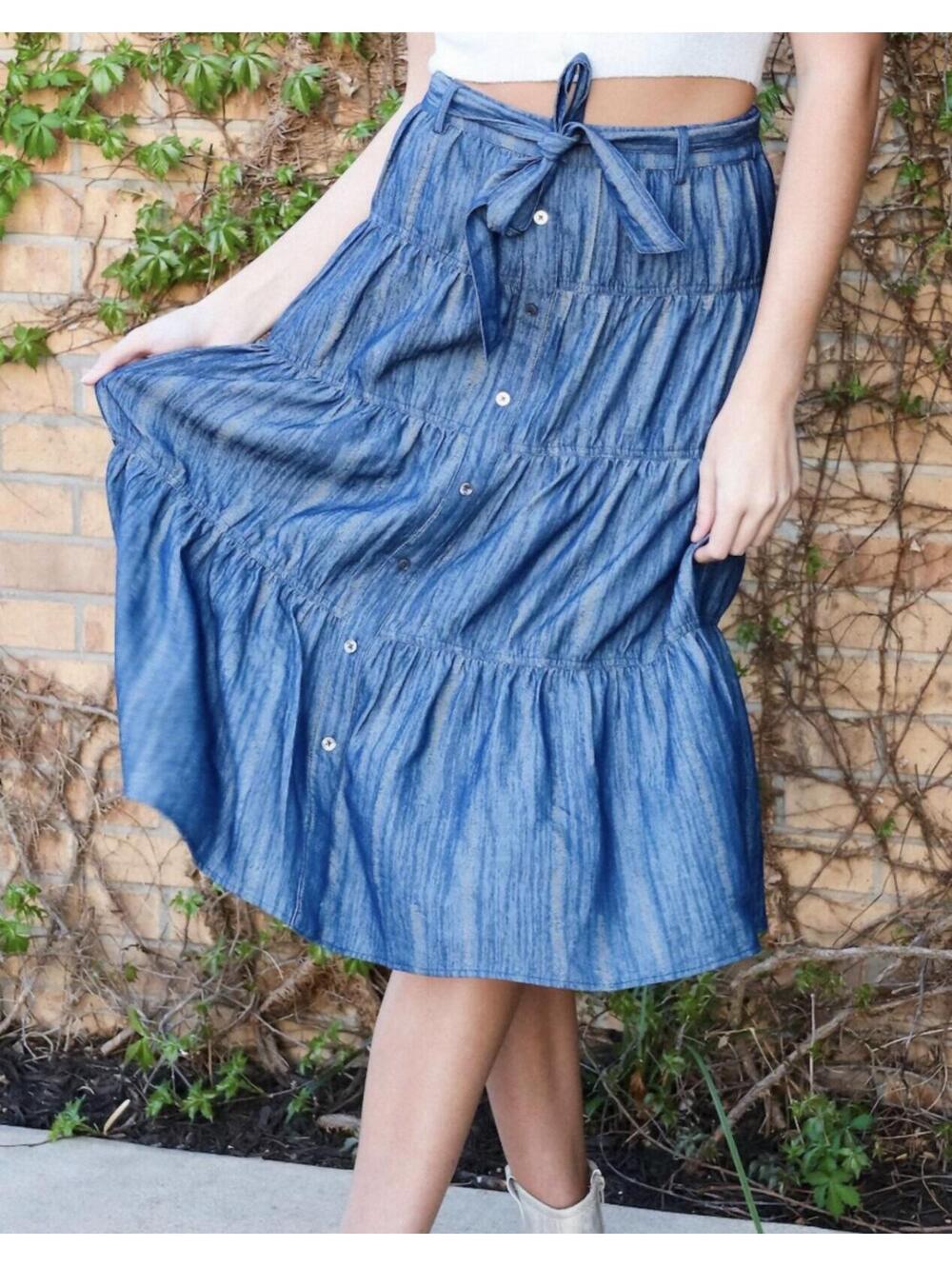CURRENT AIR‎ LOS ANGELES Dolly Would Midi Belted Tiered Boho Skirt SZ S